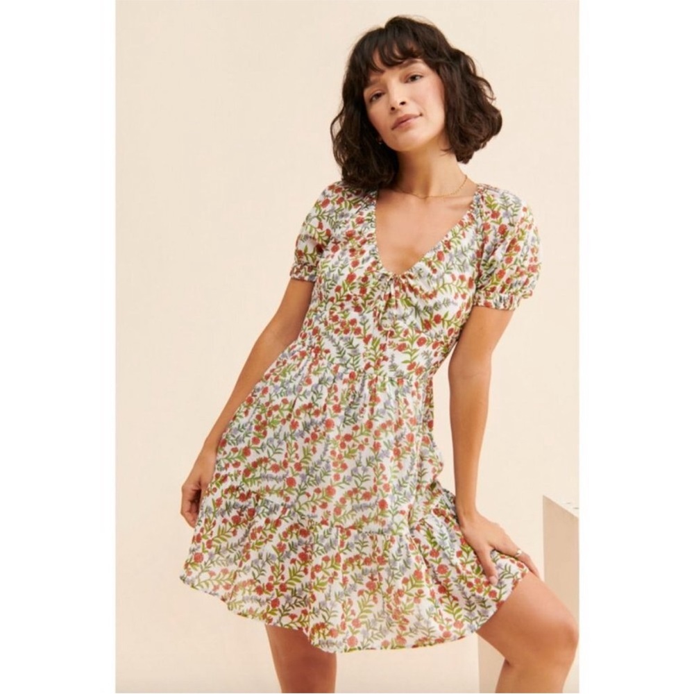 Banjanan‎ Artemis Puff Sleeve Floral Mini Dress White Womens Size Small